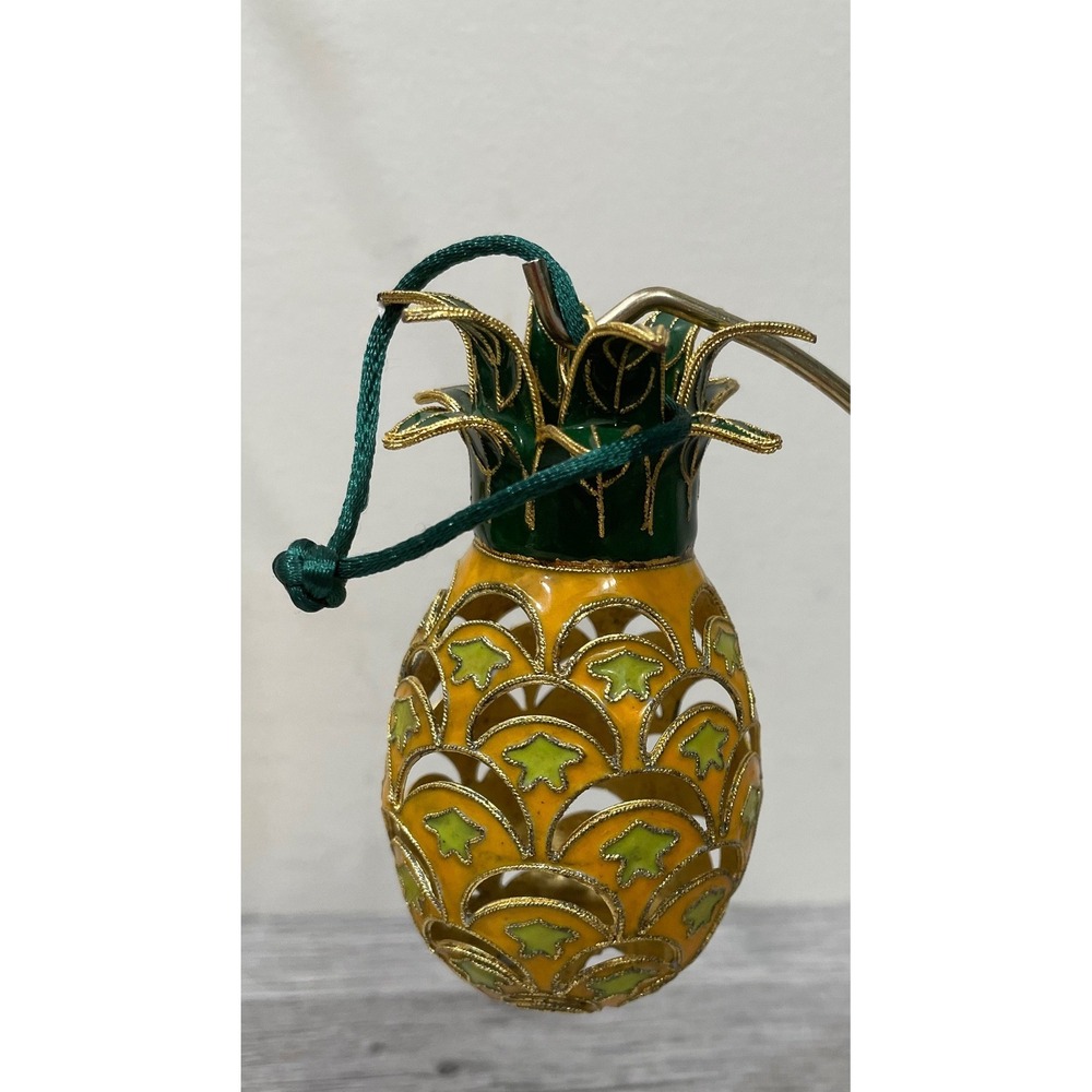 Vintage Cloisonne Enamel Pineapple Ornament Gold Tone Tropical Fruit Decor 4"